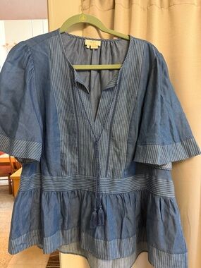 Blue Tiered Peasant Blouse with Tassel Tie